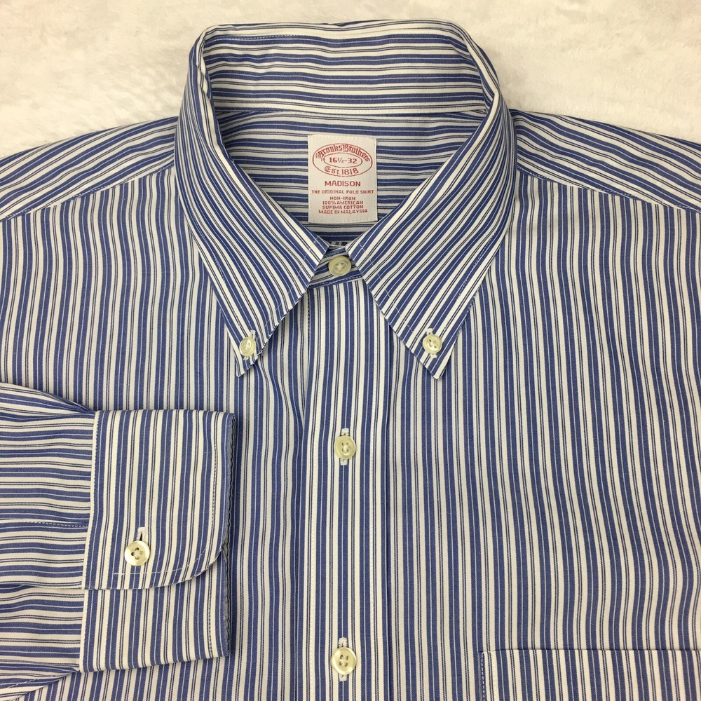 Brooks Brothers Dress Shirt Mens 16.5-32 Blue/White Stripes Madison Fit No‎ Iron